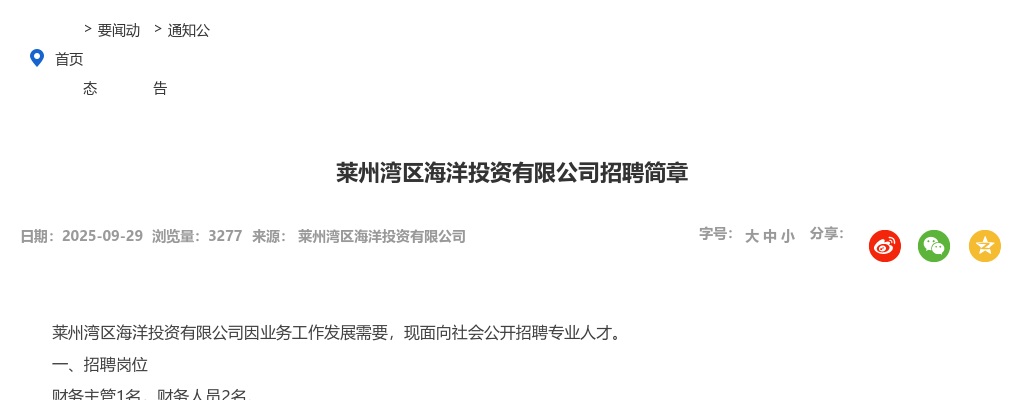 2025烟台莱州湾区海洋投资有限公司招聘简章（3人） 图片