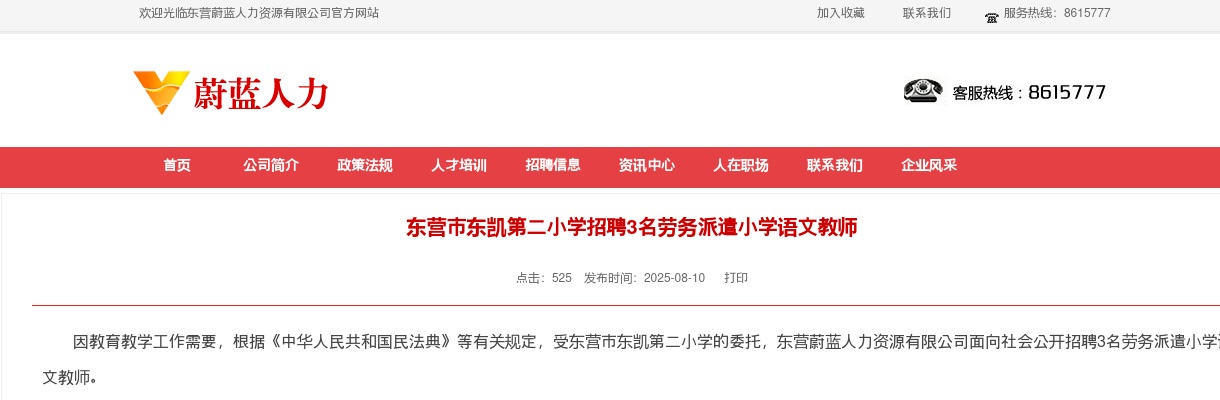 2025东营市东凯第二小学招聘劳务派遣小学语文教师公告 （3人） 图片